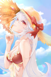 Rule 34 | 1girl, bare shoulders, bikini, blue nails, blue sky, bow, breasts, brown hat, cleavage, commentary, criss-cross halter, day, frilled bikini, frills, from side, hair between eyes, halterneck, hand on headwear, hand up, hat, hat bow, highres, liu liaoliao, long hair, looking at viewer, medium breasts, nail polish, navel, original, parted lips, red bikini, red bow, red eyes, sideways glance, signature, silver hair, sky, solo, stomach, straw hat, sun hat, swimsuit, symbol-only commentary, twitter username, upper body