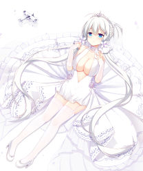 Rule 34 | 1girl, :&lt;, absurdres, aircraft, airplane, azur lane, blue eyes, blush, braid, breasts, center opening, cleavage, collarbone, dress, flower, french braid, gloves, hair flower, hair ornament, high heels, highres, illustrious (azur lane), illustrious (morning star of love and hope) (azur lane), jyt, large breasts, long hair, lying, no bra, on back, open mouth, petals, solo, thighhighs, tiara, very long hair, wedding dress, white dress, white gloves, white hair, white thighhighs