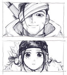 Rule 34 | 1boy, 1girl, ainu, ainu clothes, arisaka, arrow (projectile), asirpa, bandaged head, bandages, bandana, black eyes, black hair, bolt action, cape, close-up, closed mouth, collared jacket, da ning (llemonyyyy), eye contact, facial hair, facial scar, framed, fur cape, golden kamuy, greyscale, gun, hair strand, highres, hood, hood down, imperial japanese army, jacket, long hair, looking at another, looking at viewer, looking down, looking up, military, military uniform, monochrome, ogata hyakunosuke, one eye covered, over shoulder, parted lips, quiver, rifle, scar, scar on cheek, scar on face, short hair, sidelocks, simple background, sketch, smile, stubble, uniform, upper body, weapon, weapon on back, weapon over shoulder, white background, white cape