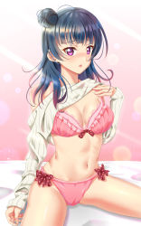 Rule 34 | 1girl, absurdres, bed sheet, blue hair, blush, bow, bra, breasts, brown bow, cameltoe, cleavage, clothes lift, gradient hair, hair bun, highres, lens flare, lifted by self, long hair, long sleeves, love live!, love live! sunshine!!, medium breasts, multicolored hair, navel, off-shoulder sweater, off shoulder, open mouth, panties, pink background, pink bra, pink panties, polka dot, polka dot bow, red eyes, red hair, ribbed sweater, sitting, solo, sunlight, sweater, sweater lift, tsushima yoshiko, underwear, white sweater, yohane yoshiko