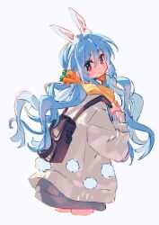 Rule 34 | 1girl, animal ears, backpack, bag, blue hair, carrot, carrot hair ornament, coat, cowboy shot, cropped legs, extra ears, eyes visible through hair, food-themed hair ornament, from behind, hair ornament, highres, hololive, long hair, long sleeves, looking at viewer, rabbit-shaped pupils, rabbit ears, rabbit girl, scarf, short eyebrows, simple background, solo, symbol-shaped pupils, thick eyebrows, twintails, usada pekora, virtual youtuber, white background, wide sleeves, yellow scarf, zuho (vega)