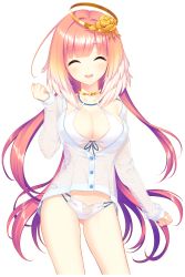 Rule 34 | 1girl, bikini, breasts, closed eyes, floral print, gluteal fold, golden rose, hair ornament, hand up, highres, jacket, large breasts, long hair, official art, open mouth, pink hair, rose print, see-through, selena (soccer spirits), shirahane nao, smile, soccer spirits, swimsuit, transparent background, white bikini, white jacket