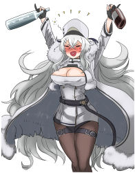 Rule 34 | 1girl, :d, arms up, azur lane, black gloves, blush, bottle, breasts, brown pantyhose, cleavage cutout, closed eyes, clothing cutout, commentary request, cowboy shot, drunk, gangut (azur lane), gloves, hat, hey taisyou, highres, holding, holding bottle, large breasts, long hair, long sleeves, nose blush, open mouth, pantyhose, partially fingerless gloves, silver hair, simple background, smile, solo, squeans, very long hair, white background