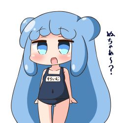 Rule 34 | 1girl, :d, bare arms, bare shoulders, blue eyes, blue hair, blue one-piece swimsuit, blush, breasts, chibi, collarbone, commentary request, covered navel, double bun, gluteal fold, hair bun, half slime-chan, hana kazari, long hair, looking at viewer, monster girl, name tag, old school swimsuit, one-piece swimsuit, open mouth, original, school swimsuit, side bun, simple background, slime girl, small breasts, smile, solo, swimsuit, translation request, very long hair, white background