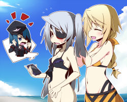 Rule 34 | 10s, 3girls, beach, bikini, blonde hair, blue eyes, blue hair, blush, bottomless, braid, breasts, cellphone, charlotte dunois, clarissa harfouch, cleavage, day, eyepatch, closed eyes, hat, infinite stratos, laura bodewig, long hair, military, military uniform, multiple girls, navel, no panties, open mouth, out-of-frame censoring, outdoors, phone, red eyes, silver hair, single braid, sky, smile, sweatdrop, swimsuit, twintails, ukitanisu, uniform
