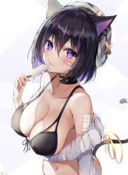 Rule 34 | 1girl, absurdres, animal ears, bandaid, bandaid on arm, bandaid on face, bare shoulders, bikini, black bikini, black choker, black hair, breasts, cat ears, cat girl, cat tail, choker, cleavage, collarbone, colored inner hair, commentary request, ear piercing, food, grey hat, hair between eyes, hand up, hat, highres, holding, holding food, kurohikage, large breasts, looking at viewer, multicolored hair, nail polish, original, parted lips, piercing, popsicle, purple eyes, purple hair, short hair, signature, solo, string bikini, swimsuit, tail, tail raised, upper body, white background, yellow nails