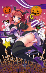 Rule 34 | 10s, 1girl, ass, black gloves, black thighhighs, breasts, cape, crescent, dancing stars on me!, demon tail, elbow gloves, gate, ghost, gloves, hairband, halloween, happy halloween, high heels, jack-o&#039;-lantern, looking at viewer, love live!, love live! school idol project, ninoko, nishikino maki, open mouth, panties, plaid, plaid panties, pointing, pointing at viewer, pumpkin, smile, solo, star (symbol), tail, thighhighs, underwear