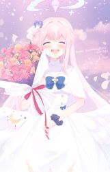 Rule 34 | 1girl, ^ ^, absurdres, blue archive, blush, bouquet, capelet, closed eyes, dress, facing viewer, falling petals, feathered wings, flower, hair bun, halo, highres, holding, holding bouquet, long hair, mika (blue archive), petals, pink hair, scrunchie, single side bun, smile, solo, very long hair, white capelet, white dress, white wings, wings, wrist scrunchie, yahagi (yui1251)