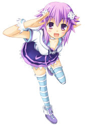 Rule 34 | 10s, 1girl, bad id, bad pixiv id, blush, d-pad, dress, female focus, hair ornament, highres, looking at viewer, neptune (neptunia), neptune (series), open mouth, purple eyes, purple hair, short hair, solo, striped clothes, striped thighhighs, thighhighs, tsunamayoz