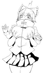 Rule 34 | 1girl, absurdres, blush, bow, grabbing another&#039;s breast, capelet, covered erect nipples, cowboy shot, grabbing, grabbing from behind, greyscale, hair bow, highres, himajin noizu, long sleeves, monochrome, pleated skirt, sekibanki, short hair, simple background, skirt, solo focus, sweat, thigh gap, touhou, white background