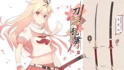 Rule 34 | 10s, 1girl, alternate color, arms at sides, black ribbon, blonde hair, cherry blossoms, closed mouth, crop top, dan (kumadan), emblem, fingerless gloves, gloves, hair flaps, hair ornament, hair ribbon, hairclip, highres, kantai collection, katana, looking at viewer, md5 mismatch, navel, neckerchief, parody, petals, pigeon-toed, pink gloves, pink skirt, pleated skirt, puffy short sleeves, puffy sleeves, red eyes, ribbon, scabbard, scarf, school uniform, serafuku, sheath, sheathed, shirt, short sleeves, simple background, skinny, skirt, sleeve cuffs, smile, solo, standing, stomach, sword, touken ranbu, upper body, weapon, white scarf, white shirt, yuudachi (kancolle), yuudachi kai ni (kancolle)