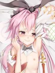 Rule 34 | 1boy, armpits, astolfo (fate), astolfo (saber) (fate), bakugadou, bare shoulders, black bow, black ribbon, bow, bowtie, commentary request, fate/grand order, fate (series), hair bow, hair intakes, hair ribbon, long hair, looking at viewer, male focus, pink hair, ribbon, solo, trap, twintails
