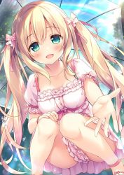Rule 34 | 1girl, :d, blonde hair, blue sky, blush, bow, breasts, buttons, cloud, collarbone, day, dress, eyelashes, fingernails, foreshortening, frilled dress, frills, green eyes, hair between eyes, hair bow, hand on own knee, highres, legs, long fingernails, long hair, looking at viewer, medium breasts, nail polish, open hands, open mouth, original, outdoors, outstretched arm, outstretched hand, palms, pink bow, pink footwear, pink nails, puffy short sleeves, puffy sleeves, rainbow, reaching, reaching towards viewer, short sleeves, sidelocks, sky, smile, solo, sparkle, squatting, suimya, tree, twintails, umbrella, very long hair, water drop