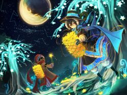 Rule 34 | 1girl, 4th, bad id, bad pixiv id, basket, black hair, constellation, gloves, hat, latale, long hair, looking at viewer, moon, open mouth, red eyes, scarf, sky, staff, star (sky), star (symbol), starry sky, tree