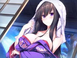 Rule 34 | 1girl, black hair, blush, breast hold, breasts, game cg, japanese clothes, kamijou shiori, kimono, large breasts, long hair, looking at viewer, off shoulder, purple eyes, rozea (graphmelt), solo, towel, towel on head, tsukiyo no mura, upper body, wet, wet hair