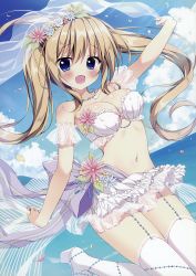 Rule 34 | 1girl, :d, absurdres, arm strap, arm up, bikini, bikini top only, blonde hair, blue eyes, blue sky, blush, bow, cloud, collarbone, covered erect nipples, day, floating hair, flower, garter straps, hair between eyes, hair flower, hair ornament, head wreath, highres, jewelry, leg up, long hair, looking at viewer, navel, necklace, open mouth, original, outdoors, petals, pink flower, purple bow, see-through, shell, shell necklace, shiny skin, skirt, sky, smile, solo, strapless, strapless bikini, striped, sunlight, swimsuit, tanoma suzume, thighhighs, twintails, very long hair, white bikini, white flower, white skirt, white thighhighs