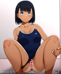 Rule 34 | 1girl, anus, arm behind back, ass, black hair, blue eyes, blue one-piece swimsuit, blush, bob cut, breasts, censored, clothing aside, competition school swimsuit, dark-skinned female, dark skin, female pubic hair, frown, heart, heart censor, highres, kobune mio, monpuchi, one-piece swimsuit, one-piece tan, pubic hair, pussy, school swimsuit, short hair, solo, split mouth, spread legs, squatting, summertime render, swimsuit, swimsuit aside, tan, tanline
