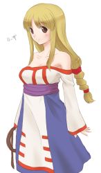 Rule 34 | 1girl, arc the lad, arc the lad ii, bare shoulders, blonde hair, blush, braid, breasts, brown eyes, cleavage, commentary request, dress, kiikii (kitsukedokoro), lieza (arc the lad), long hair, looking at viewer, low-tied long hair, single braid, smile, solo, weapon, whip