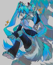 Rule 34 | 1girl, absurdly long hair, absurdres, animal ear fluff, animal ears, black skirt, blue eyes, blue hair, blue nails, commentary, detached sleeves, english commentary, fang, full body, furry, furry female, grey background, grey shirt, hair between eyes, hatsune miku, highres, long hair, looking at viewer, miniskirt, nail polish, open mouth, pleated skirt, sainttufa, shirt, shoulder tattoo, simple background, skirt, sleeveless, sleeveless shirt, soles, solo, tail, tattoo, toenail polish, toenails, twintails, very long hair, vocaloid, zoom layer
