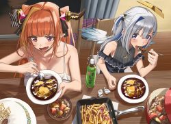 Rule 34 | 2girls, absurdres, ahoge, amane kanata, amane kanata (work), angel wings, birthday, birthday cake, black shirt, blonde hair, blue eyes, blue hair, blush, bottle, bow, breasts, cake, camisole, chair, colored inner hair, commentary, curtains, diagonal-striped bow, doukyo&#039;s, dragon girl, dragon horns, dragon tail, eating, english commentary, fang, food, french fries, frilled shirt, frills, from above, hair between eyes, halo, happy birthday, highres, holding, holding spoon, hololive, horn bow, horn ornament, horns, indoors, jewelry, kiryu coco, kiryu coco (loungewear), large breasts, long hair, looking at another, looking to the side, multicolored hair, multiple girls, nail polish, necklace, official alternate costume, open mouth, orange hair, pink hair, pink nails, plate, pointy ears, pot, potato, purple eyes, ribbed shirt, shadow, shirt, short twintails, silver hair, sitting, skin fang, sleeveless, sleeveless shirt, small breasts, smile, spaghetti strap, spoon, streaked hair, table, tail, tea, twintails, two-tone hair, two side up, upper body, virtual youtuber, white camisole, window, wings, wooden chair, wooden floor, wooden table, xiaoju xiaojie