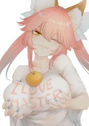 Rule 34 | 1girl, animal ear fluff, animal ears, bad id, bad pixiv id, blue nails, blush, breast hold, breasts, fate (series), food, food on body, food on breasts, fox ears, fox girl, fruit, hair ribbon, highres, large breasts, looking at viewer, looking down, mandarin orange, nail polish, object on breast, one eye closed, oppai mochi, pink hair, ribbon, simple background, solo, tamamo (fate), tamamo no mae (fate/extra), uminosobadashi, white background, white ribbon, yellow eyes