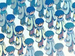 Rule 34 | 6+boys, blue hair, blue scarf, brown pants, chibi, clone, coat, commentary, expressionless, kaito (vocaloid), multiple boys, no mouth, pants, scarf, shoes, short hair, sneakers, standing, vocaloid, white coat, xhinokox
