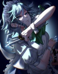 Rule 34 | 1girl, absurdres, apron, between fingers, blue skirt, bow, bowtie, braid, breasts, closed mouth, collared shirt, commentary, frilled apron, frilled skirt, frills, green bow, green bowtie, grey hair, highres, holding, holding knife, holster, izayoi sakuya, knife, knives between fingers, looking at viewer, maid, maid headdress, medium hair, puffy short sleeves, puffy sleeves, serious, shirt, short sleeves, skirt, small breasts, solo, thigh holster, touhou, twin braids, white apron, white shirt, white wrist cuffs, wrist cuffs, yoshino (q sci)