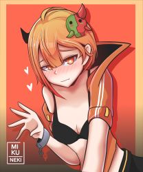 Rule 34 | 1girl, absurdres, artist name, black bra, blush, bra, breasts, cleavage, closed mouth, clothing request, commentary, copyright request, ears visible through hair, english commentary, female focus, heart, heart-shaped pupils, highres, jacket, looking at viewer, mikuneki, object request, orange background, orange eyes, orange hair, orange jacket, red background, short hair, signature, simple background, solo, symbol-shaped pupils, underwear, upper body, yellow background