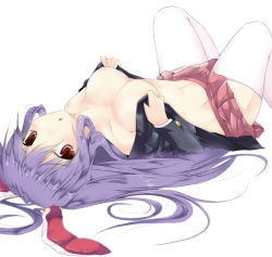 Rule 34 | 1girl, animal ears, bare shoulders, blazer, blush, breasts, cleavage, clothes pull, female focus, groin, jacket, large breasts, long hair, looking at viewer, lying, navel, nipples, no bra, no panties, off shoulder, on back, open clothes, purple hair, rabbit ears, red eyes, reisen udongein inaba, sesield, simple background, skirt, skirt pull, solo, thighhighs, touhou, undressing, very long hair, white thighhighs
