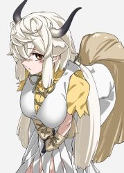 Rule 34 | 1girl, bent over, bow, bowtie, breasts, brown bow, brown bowtie, collared shirt, commentary, dress, extra ears, gloves, grey background, hair between eyes, hair over one eye, hanging breasts, highres, kemono friends, large breasts, long bangs, long dress, long hair, looking at viewer, one eye covered, orange eyes, ox ears, ox girl, ox horns, ox tail, parted lips, shirt, sidelocks, simple background, solo, t-shirt, tanabe (fueisei), twintails, white dress, white gloves, yak (kemono friends), yellow shirt