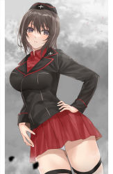 Rule 34 | 1girl, black hat, black jacket, brown eyes, brown hair, closed mouth, commentary, cowboy shot, dress shirt, dutch angle, frown, garrison cap, girls und panzer, grey sky, hand on own hip, hat, head tilt, highres, insignia, jacket, kuromorimine military uniform, long sleeves, looking at viewer, military, military hat, military uniform, miniskirt, nishizumi maho, overcast, panties, pantyshot, pleated skirt, red shirt, red skirt, shirt, short hair, skirt, sky, solo, standing, thigh strap, underwear, uniform, white panties, wing collar