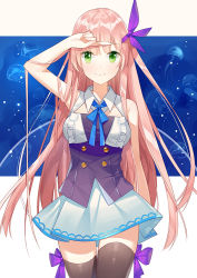 Rule 34 | 1girl, :&gt;, arm up, bad id, bad pixiv id, black thighhighs, blue ribbon, breasts, closed mouth, commentary, green eyes, index finger raised, jellyfish, long hair, looking at viewer, medium breasts, neck ribbon, original, pananother, pink hair, ribbon, shirt, skirt, smile, solo, standing, thighhighs, very long hair, wing collar
