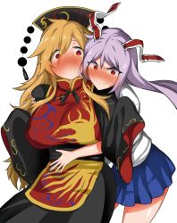 Rule 34 | &gt;:), 2girls, ahoge, animal ears, bad id, bad twitter id, black dress, blonde hair, blue skirt, blush, breasts, rabbit ears, chinese clothes, closed mouth, cowboy shot, crescent, dress, embarrassed, fuantei, hat, hug, hug from behind, junko (touhou), large breasts, long sleeves, looking at viewer, multiple girls, nose blush, purple hair, red eyes, reisen udongein inaba, sash, shirt, skirt, sleeves past wrists, sweat, tabard, touhou, v-shaped eyebrows, white shirt, wide sleeves, yuri