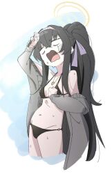 Rule 34 | 1girl, bikini, black bikini, black hair, blue archive, breasts, cardigan, cropped legs, grey cardigan, hair ribbon, hairband, halo, highres, jewelry, long hair, long sleeves, necklace, ocha (popopogg), open cardigan, open clothes, open mouth, ponytail, purple ribbon, ribbon, simple background, small breasts, solo, sweat, swimsuit, ui (blue archive), ui (swimsuit) (blue archive), very long hair
