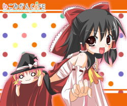 Rule 34 | 1girl, :3, :d, ascot, bent over, black hair, black hat, blank eyes, blonde hair, blush stickers, bow, character doll, chibi, detached sleeves, eyebrows, female focus, from side, hair bow, hair tubes, hakurei reimu, half updo, hat, hat bow, hat ribbon, kirisame marisa, letterboxed, long hair, looking at viewer, nekoshiro mikan, open mouth, polka dot, polka dot background, reaching, red bow, red eyes, red ribbon, red skirt, ribbon, ribbon-trimmed sleeves, ribbon trim, sarashi, skirt, skirt set, smile, solid circle eyes, solo, touhou, watermark, web address, white bow, white ribbon, witch hat