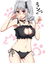 Rule 34 | 10s, 1girl, bell, blush, bra, breasts, cat cutout, cat ear panties, cat lingerie, cleavage, cleavage cutout, clothing cutout, drill hair, highres, idolmaster, idolmaster cinderella girls, jingle bell, kanzaki ranko, large breasts, long hair, looking at viewer, meme attire, navel, oogatazin, panties, red eyes, side-tie panties, silver hair, solo, twin drills, twintails, underwear, underwear only
