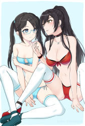 Rule 34 | 2girls, :3, bad id, bad pixiv id, bare shoulders, bikini, black choker, black hair, blue-framed eyewear, blue background, blue bikini, blue eyes, blue footwear, blush, border, breasts, brown eyes, choker, cibo (killy), cleavage, closed mouth, collarbone, couple, eye contact, female focus, finger to own chin, glasses, hair between eyes, idolmaster, idolmaster shiny colors, jewelry, knees up, large breasts, long hair, looking at another, midriff, mitsumine yuika, multiple girls, navel, neck, necklace, parted lips, ponytail, red bikini, red footwear, shirase sakuya, side-tie bikini bottom, simple background, sitting, small breasts, smile, spread legs, strapless, strapless bikini, swimsuit, thighhighs, twintails, white border, white legwear, wristband, yuri