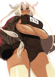 Rule 34 | 10s, 1girl, alternate costume, blonde hair, breast hold, breasts, crossed arms, dark skin, dark-skinned female, from below, glasses, hair between eyes, highres, jacket, jacket on shoulders, kantai collection, large breasts, looking at viewer, looking down, musashi (kancolle), one-piece swimsuit, open clothes, open jacket, pointy hair, red eyes, school swimsuit, semi-rimless eyewear, short hair, solo, swimsuit, takamura wamu, track jacket