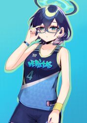 Rule 34 | 1girl, adjusting eyewear, aqua background, basketball uniform, black hair, black shorts, blue archive, chihiro (blue archive), collarbone, commentary request, flareza, glasses, green eyes, hair between eyes, halo, highres, looking at viewer, parted lips, short hair, shorts, sidelocks, simple background, sleeveless, smartwatch, solo, sportswear, watch, wireless earphones, wristwatch