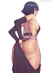 Rule 34 | 1girl, absurdres, ass, asura (asurauser), back, backless outfit, black eyes, black hair, bleach, blush, breasts, butt crack, clothes, clothes grab, embarrassed, female focus, highres, looking back, medium hair, nipples, open mouth, serious, simple background, small breasts, solo, sui-feng, white background
