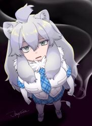 Rule 34 | 1girl, ahoge, animal ear fluff, animal ears, bad id, bad twitter id, blue necktie, breasts, cigarette, commentary request, commission, from above, full body, fur collar, green eyes, grey hair, hair between eyes, highres, holding, holding cigarette, inactive account, jmeysan, kemono friends, kemono friends 3, large breasts, lion ears, lion girl, lion tail, long hair, looking at viewer, necktie, open mouth, plaid, plaid necktie, plaid skirt, shirt, short sleeves, skirt, smoke, solo, standing, tail, white lion (kemono friends), white shirt