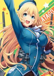 Rule 34 | 1girl, arm up, atago (kancolle), beret, black gloves, blonde hair, blue eyes, blue hat, blue jacket, blush, breasts, character name, frilled sleeves, frills, gloves, hair between eyes, handstand, hat, jacket, kantai collection, large breasts, long hair, long sleeves, looking at viewer, multicolored background, neckerchief, one arm handstand, open mouth, pantyhose, sakiyamama, shirt, solo, teeth, tongue, turret, upper body, upper teeth only, white neckerchief, white shirt, yellow background
