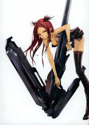Rule 34 | 10s, 1girl, android, bare shoulders, beatless, black thighhighs, boots, breasts, cleavage, cyberpunk, dress, fang, grin, hair ornament, highres, huge weapon, kouka (beatless), leaning forward, long hair, red eyes, red hair, redjuice, science fiction, simple background, skirt, smile, solo, thigh boots, thighhighs, weapon