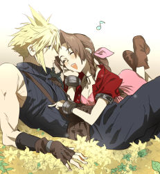 Rule 34 | 1boy, 1girl, aerith gainsborough, belt, blonde hair, blue eyes, blue pants, blue shirt, boots, bracelet, breasts, choker, cleavage, cloud strife, collaboration, couple, cropped jacket, dress, closed eyes, field, final fantasy, final fantasy vii, fingerless gloves, flower, flower field, full body, gloves, hair between eyes, hand on another&#039;s chest, hand on own face, highres, jacket, jewelry, leaf, lying, medium breasts, mikuroron, music, musical note, on back, on stomach, open mouth, pants, pink dress, puffy short sleeves, puffy sleeves, reclining, red jacket, shirt, short sleeves, singing, sleeveless, sleeveless turtleneck, smile, spiked hair, square enix, suspenders, talesofmea, teeth, turtleneck, upper body, upper teeth only