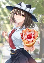 Rule 34 | 1girl, belt, belt buckle, black hat, black skirt, blurry, blurry background, blush, breasts, brown eyes, brown hair, buckle, collarbone, commentary request, crepe, erisauria, fedora, food, grin, hat, hat ribbon, highres, holding, holding food, incoming food, large breasts, looking at viewer, necktie, red necktie, ribbon, shirt, short hair, short sleeves, skirt, smile, solo, touhou, usami renko, white ribbon, white shirt