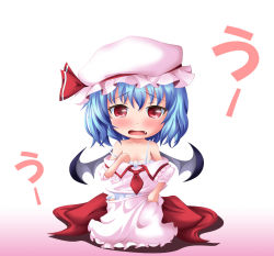 Rule 34 | 1girl, ascot, bat wings, blue hair, fang, female focus, hat, neats, off shoulder, open mouth, oversized clothes, red eyes, remilia scarlet, short hair, skirt, skirt tug, solo, strap slip, touhou, wings