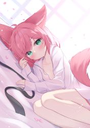 Rule 34 | 1girl, animal ears, breasts, commission, dress shirt, expressionless, fox ears, fox girl, fox tail, green eyes, highres, long sleeves, looking at viewer, lying, medium hair, mikaze oto, naked shirt, on side, original, pink hair, shirt, skeb commission, sleeves past wrists, small breasts, tail, white shirt
