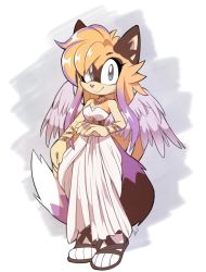 Rule 34 | 1girl, angel wings, animal ears, artist name, bad id, bad twitter id, bare shoulders, blonde hair, breasts, bright pupils, commentary, commission, dress, english commentary, feathered wings, full body, furry, furry female, highres, jewelry, kaijumilk (milkchaotea), long hair, looking at viewer, original, purple wings, sandals, sidelocks, signature, smile, solo, standing, strapless, strapless dress, tail, toeless footwear, toes, very long hair, white dress, white pupils, wings