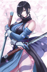 Rule 34 | 1girl, akito1218, bare shoulders, black hair, blue gloves, breasts, cherry blossoms, closed mouth, dual wielding, elbow gloves, gloves, hair over one eye, highres, holding, holding sword, holding weapon, japanese clothes, looking at viewer, ninja, partially fingerless gloves, petals, red eyes, samurai spirits, shiki (samurai spirits), short hair, short sword, sword, tantou, weapon