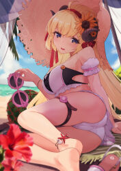 Rule 34 | 1girl, alternate costume, anklet, arm support, armpit crease, ass, barefoot, beach, beach towel, bikini, blonde hair, blue eyes, blue sky, blurry, blurry foreground, bow, breasts, cloud, cloudy sky, collarbone, depth of field, detached sleeves, eyelashes, feet, flower, food, frilled bikini, frills, fruit, fur trim, hair bow, hair flower, hair ornament, hairband, hand up, hat, head tilt, highres, holding, hololive, horns, jewelry, large breasts, legs, long hair, lying, mochiyuki (gigfor1), on side, open mouth, outdoors, palm tree, red bow, red hairband, sandals, unworn sandals, seashell, sheep girl, sheep horns, shell, sideboob, sky, soles, solo, starfish, straw hat, sunglasses, swimsuit, thigh strap, thighs, towel, tree, tsunomaki watame, virtual youtuber, watermelon, white bikini